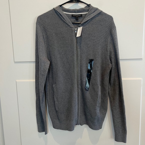 Banana Republic Mens Small Gray Waffle Knit Full Zip Hoodie Sweater  NWT - Picture 1 of 6